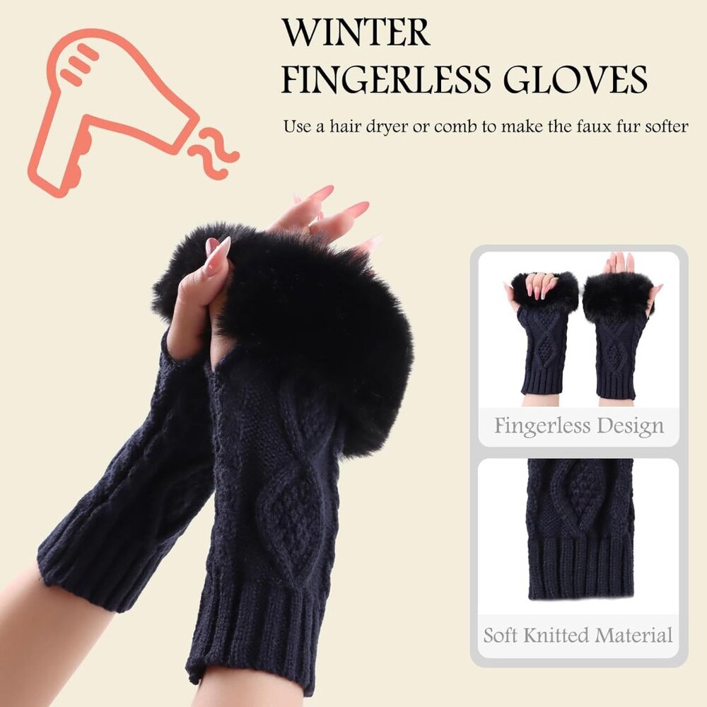 Women's Navy Winter Arm Warmers Wrist Thumb Hole Faux Fur Fingerless Gloves - Picture 3 of 6